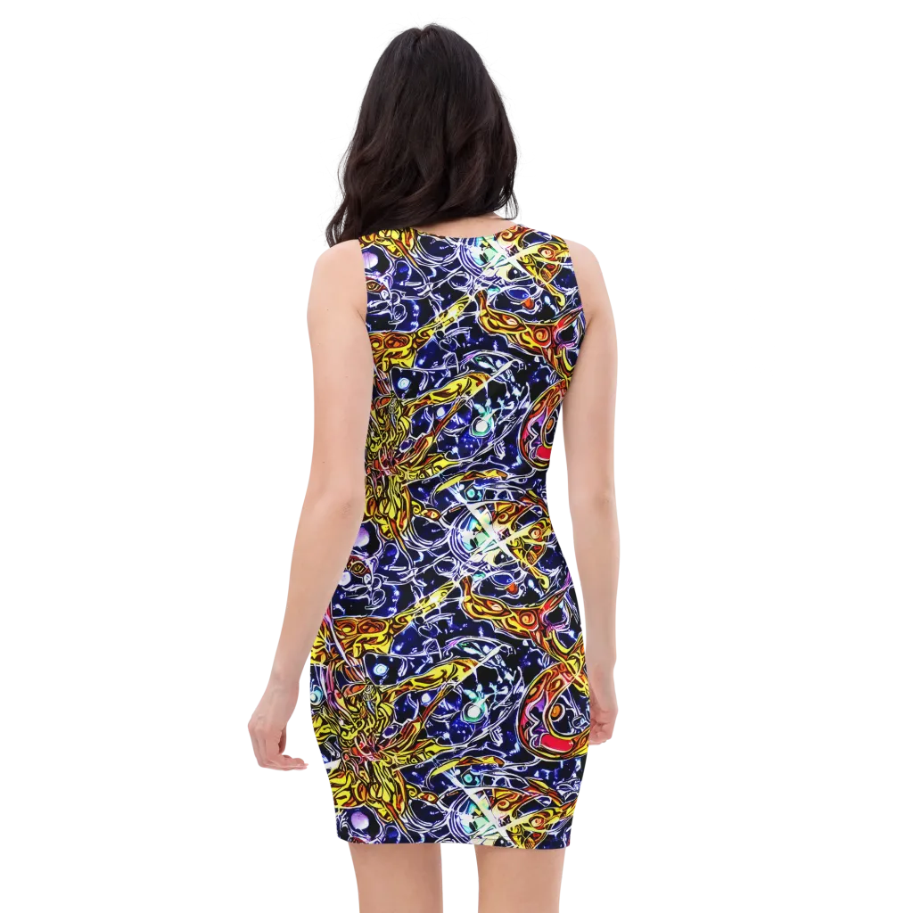 Blue Fire Orbit on Bodycon Dress — Back