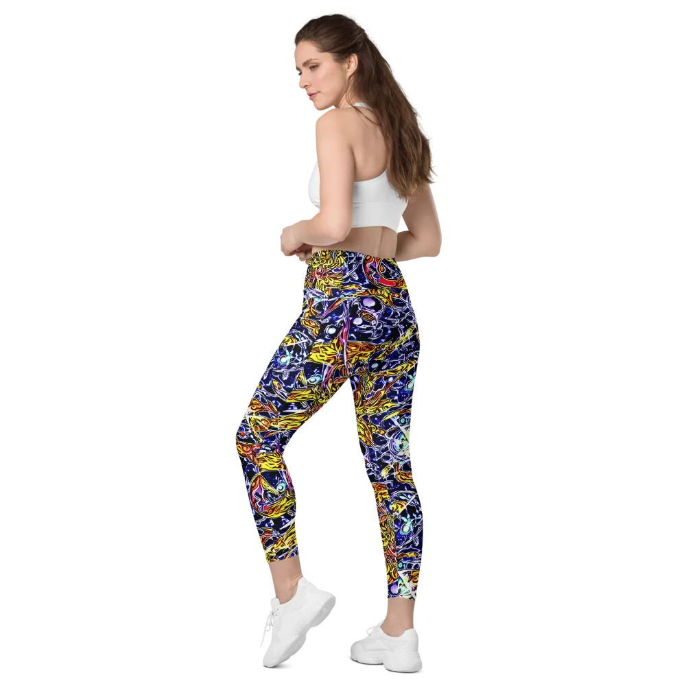 Blue Fire Orbit on Leggings with Pockets — Left Back
