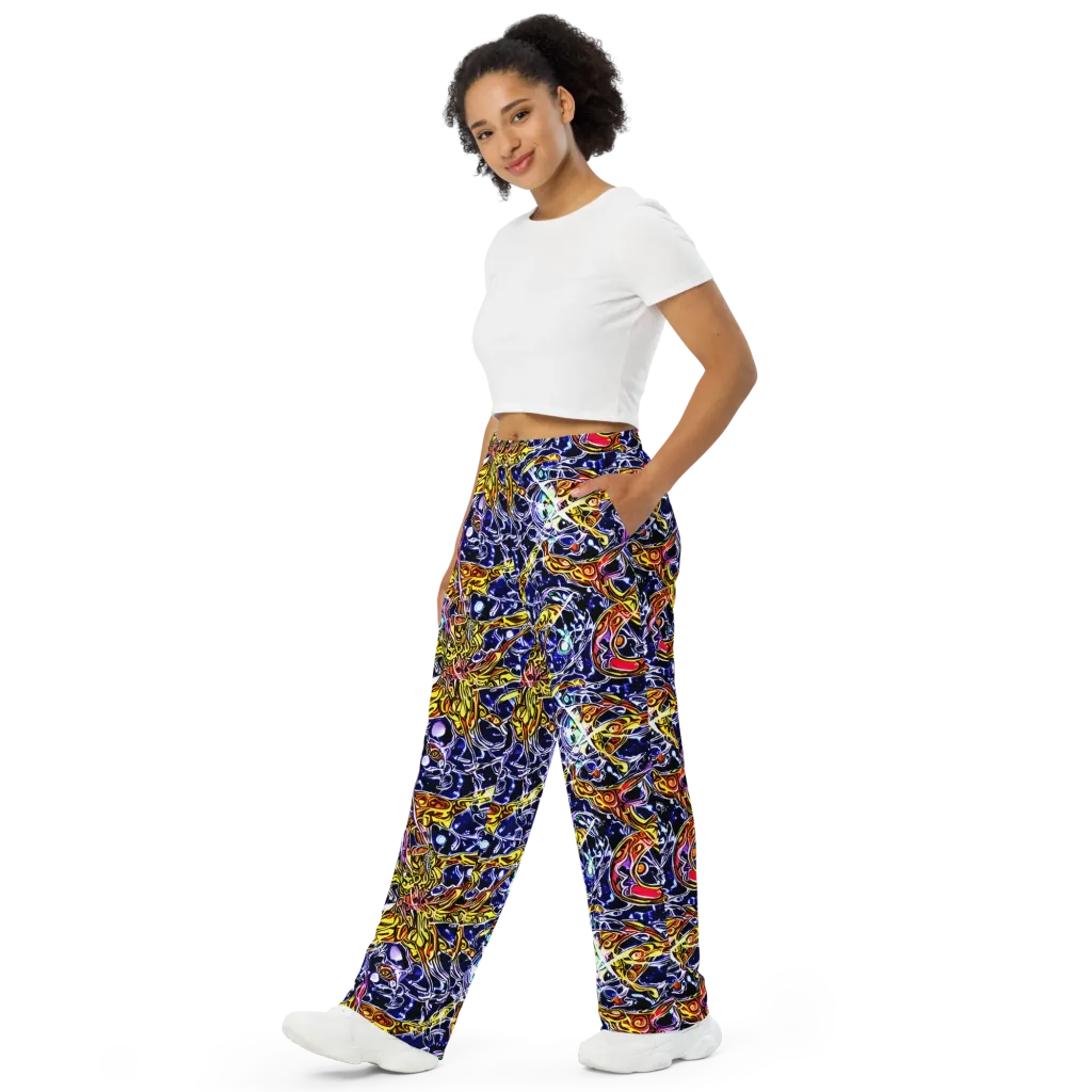 Blue Fire Orbit on Wide-Leg Pants — Left Front