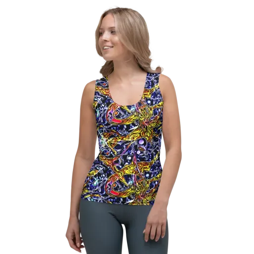 Blue Fire Orbit on a Women's Tank Top