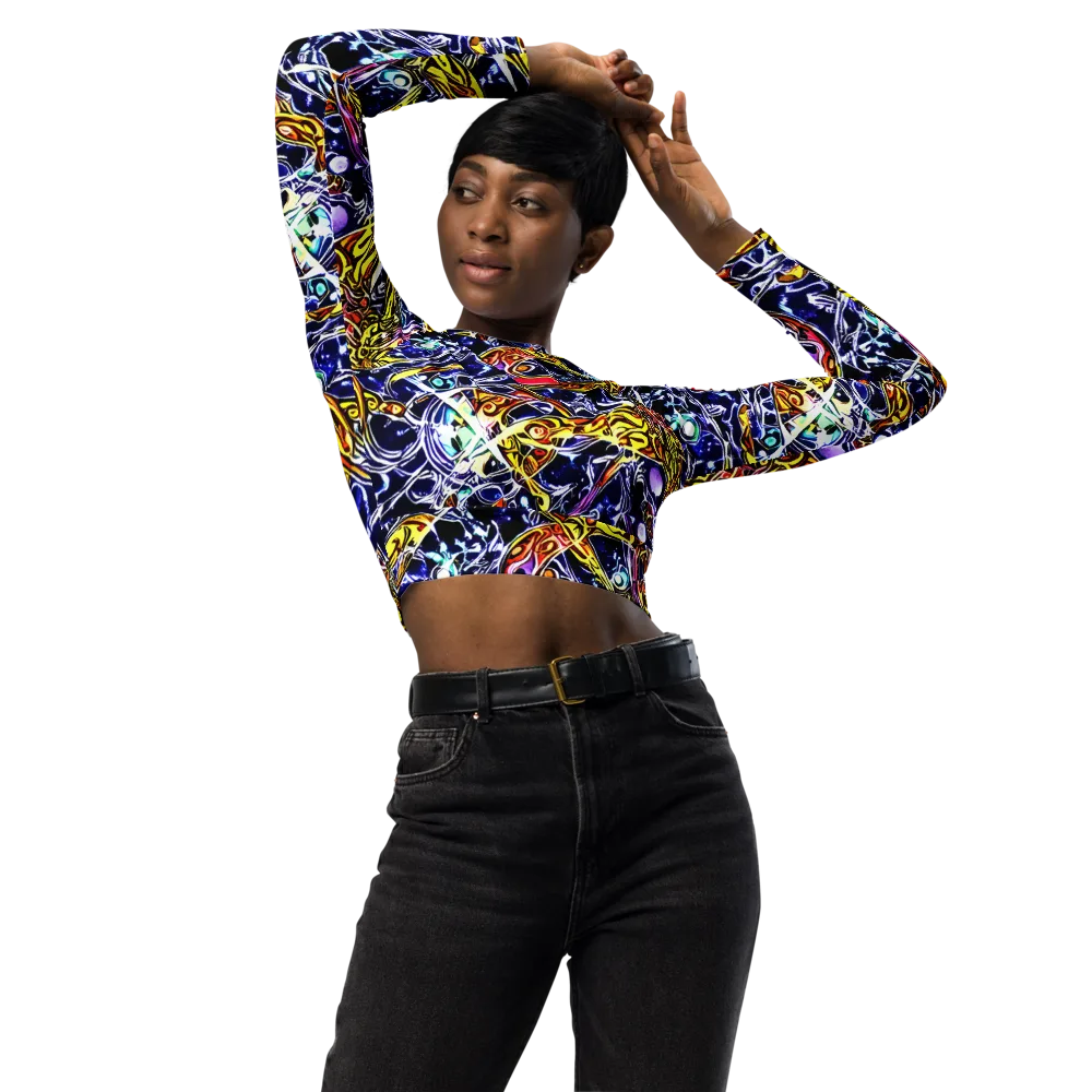 Blue Fire Orbit on Long Sleeve Crop Top — Front