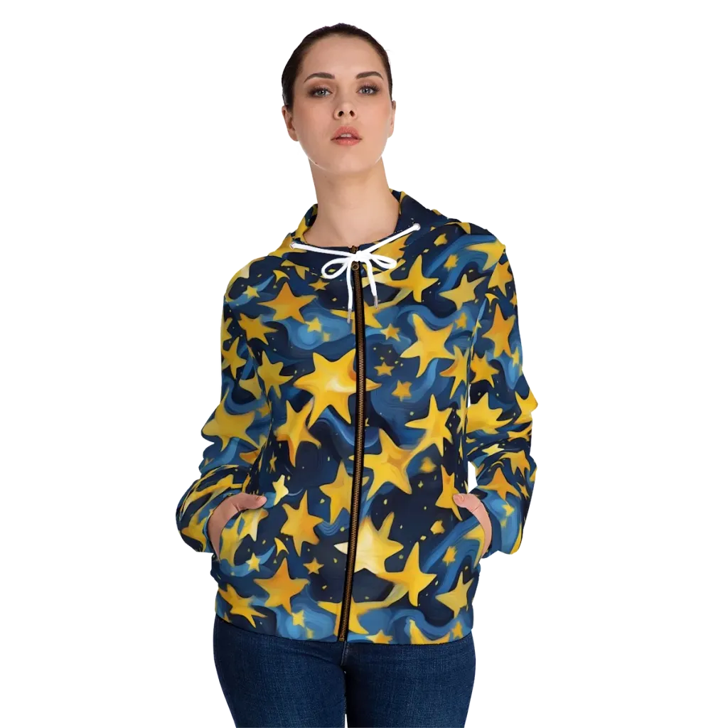 Golden Starfall on Women's Full-Zip Hoodie — Front On Person
