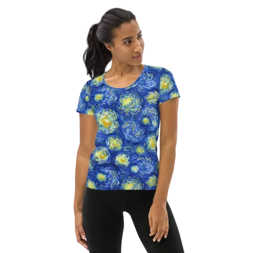 Golden Galaxies on a Women's Athletic T-Shirt