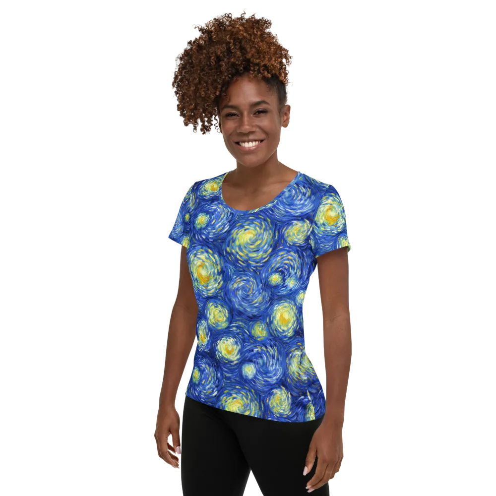 Golden Galaxies on Women's Athletic T-Shirt — Left