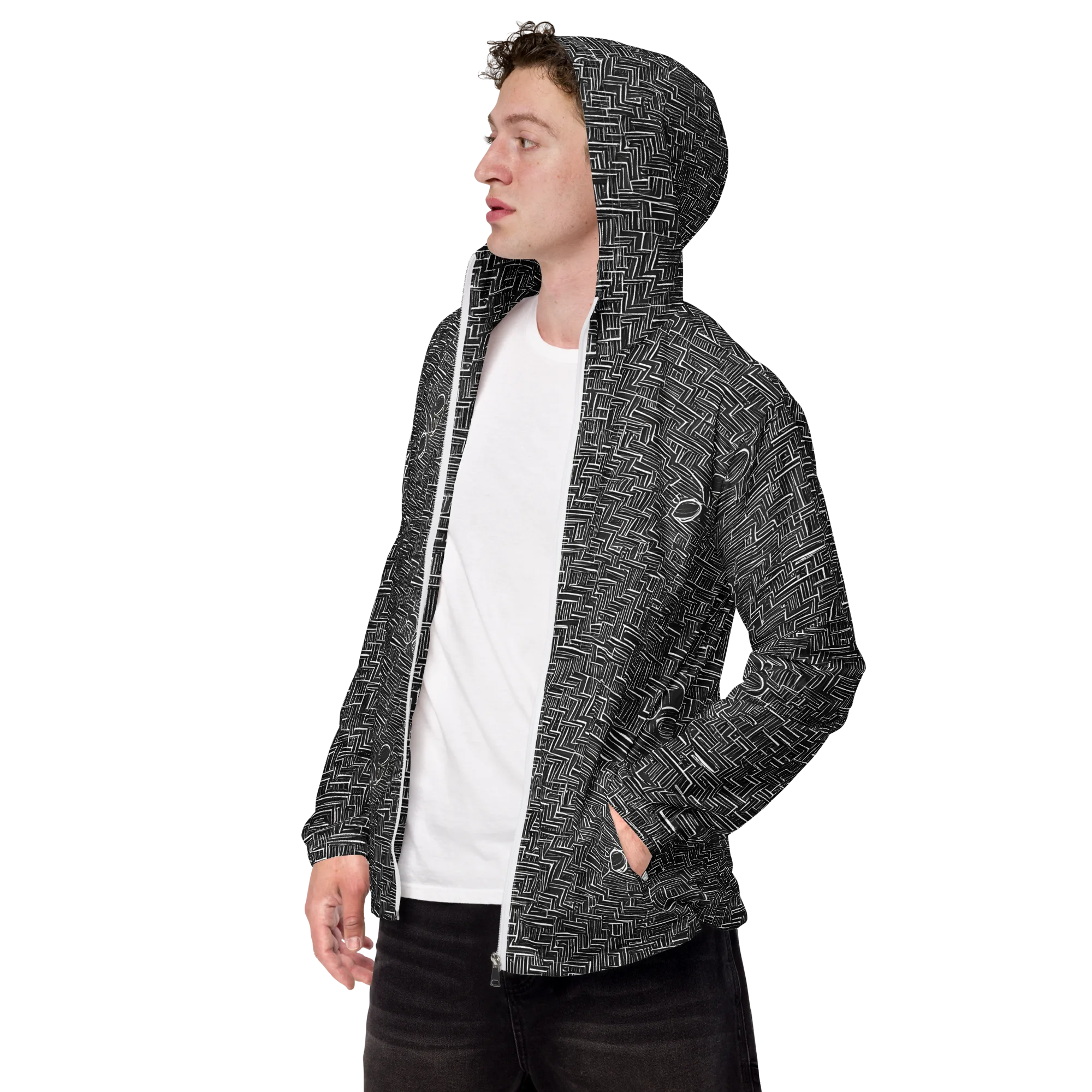 Noir Geometry on Men's Windbreaker — Left Front