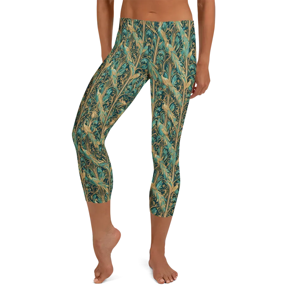Teal Aviary on Capri Leggings — Front