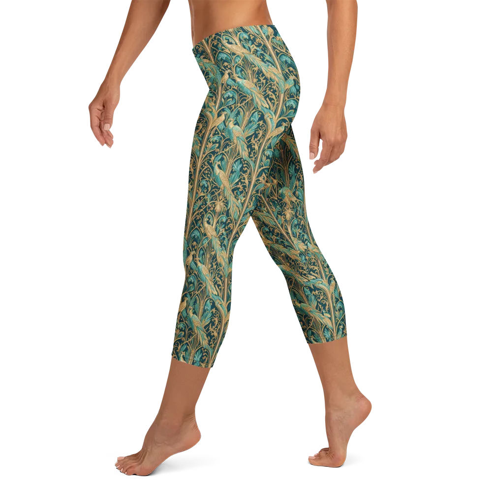 Teal Aviary on Capri Leggings — Left
