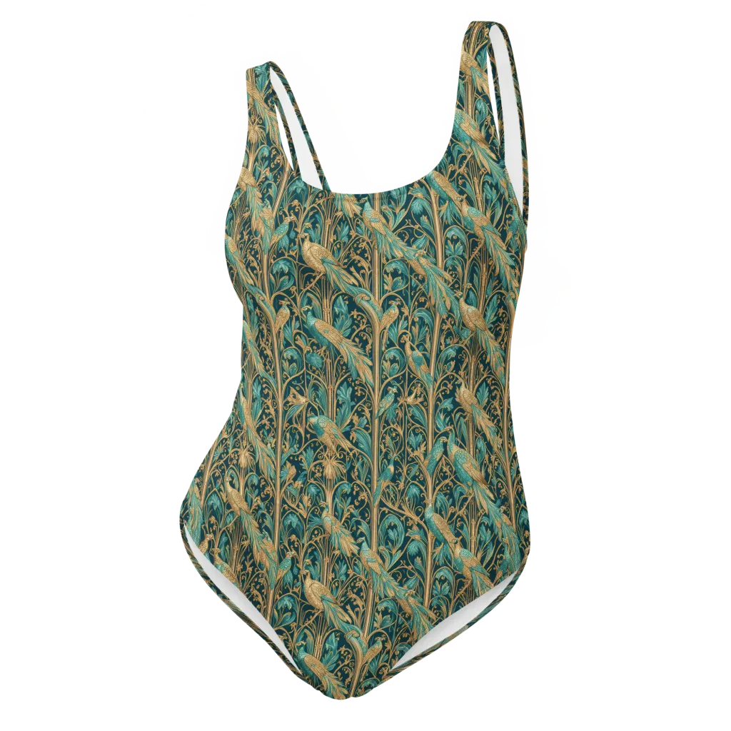 Teal Aviary on One-Piece Swimsuit — Front