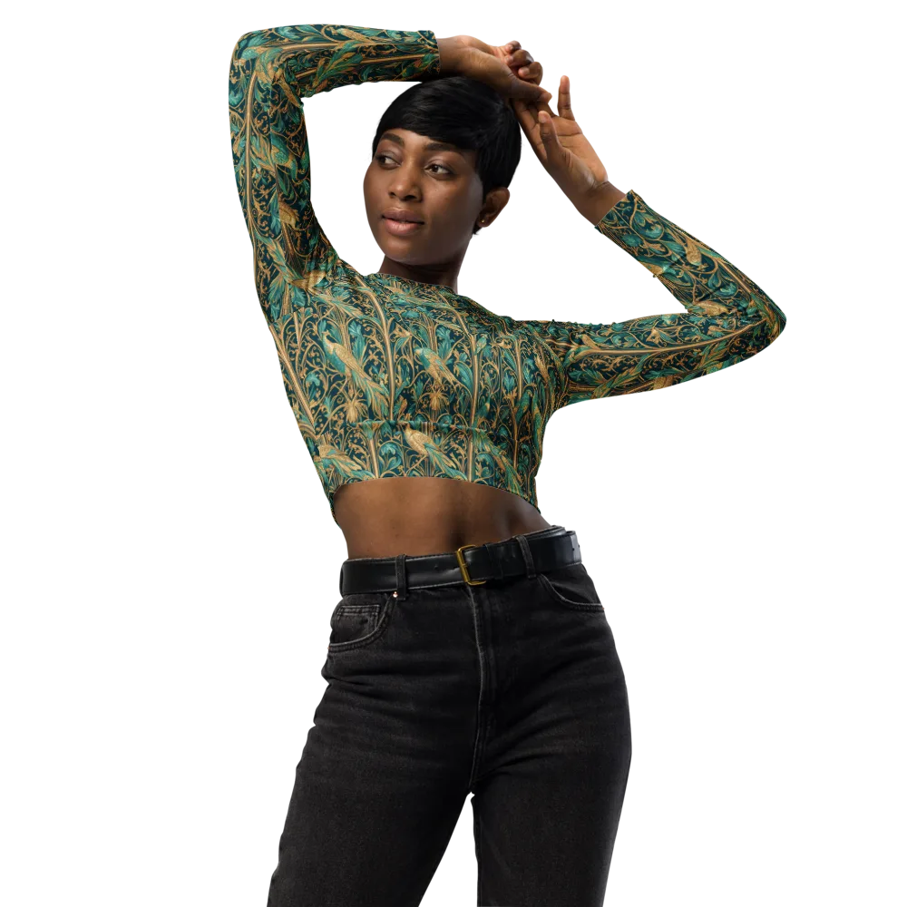 Teal Aviary on Long Sleeve Crop Top — Front