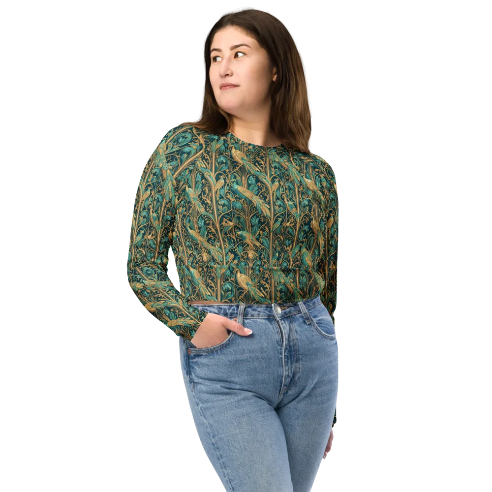 Teal Aviary on Long Sleeve Crop Top — Front