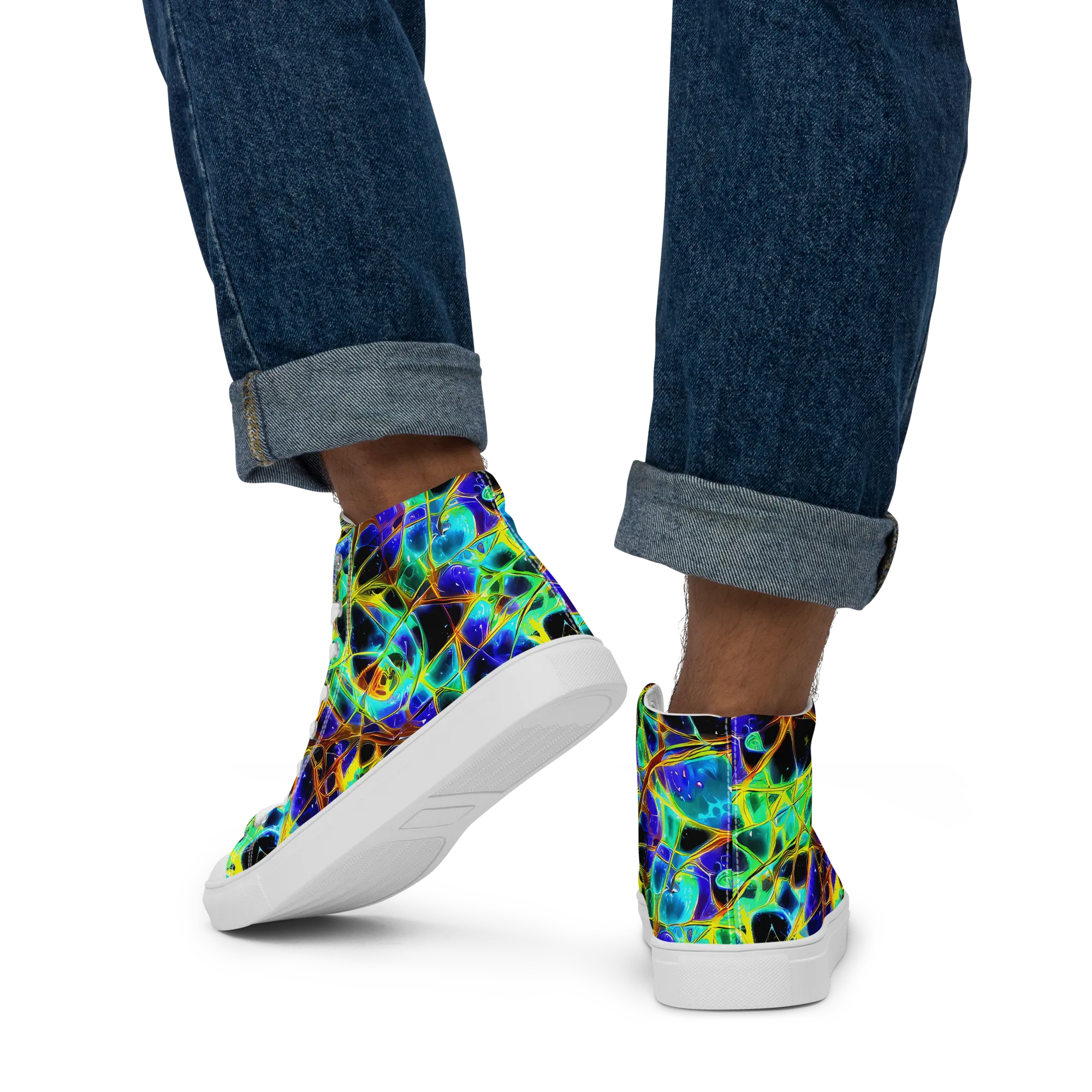 Iridescent Voltage on Men's High Top Canvas Shoes — Back
