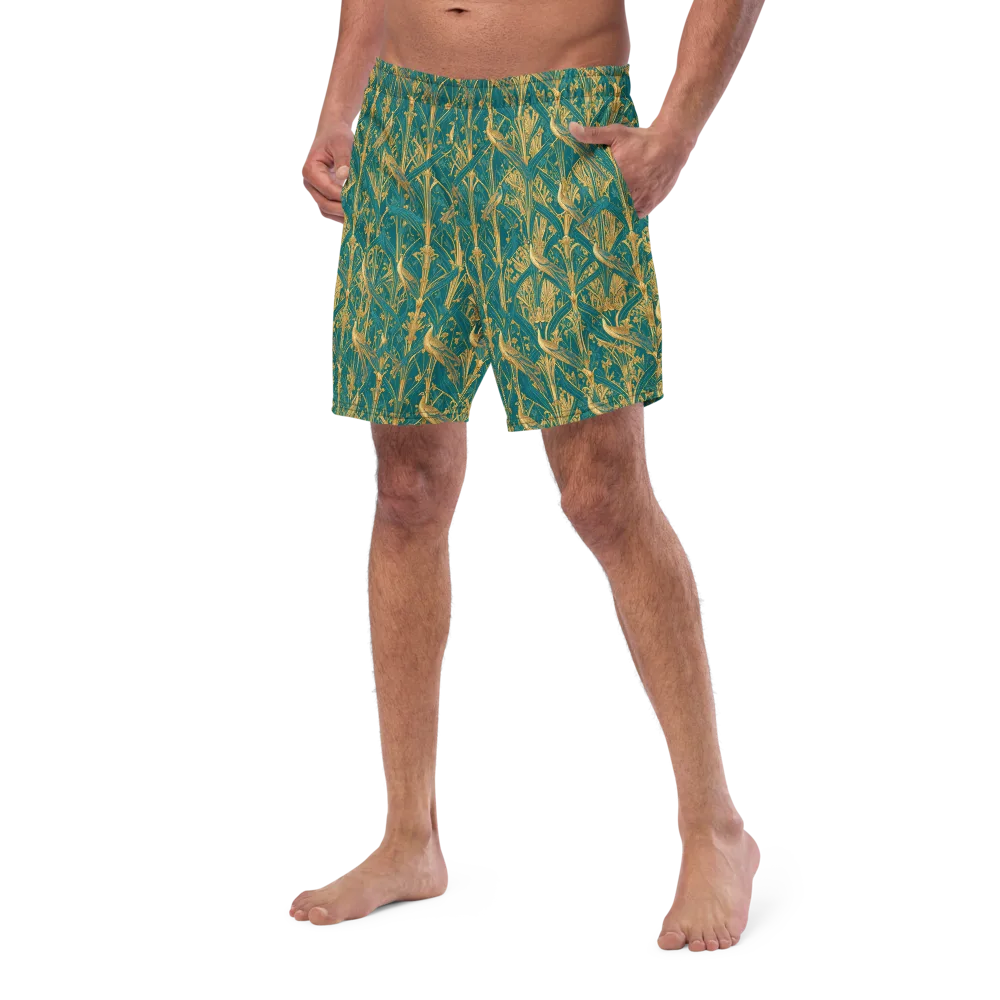 Peacock Arabesque on Swim Trunks — Left Front