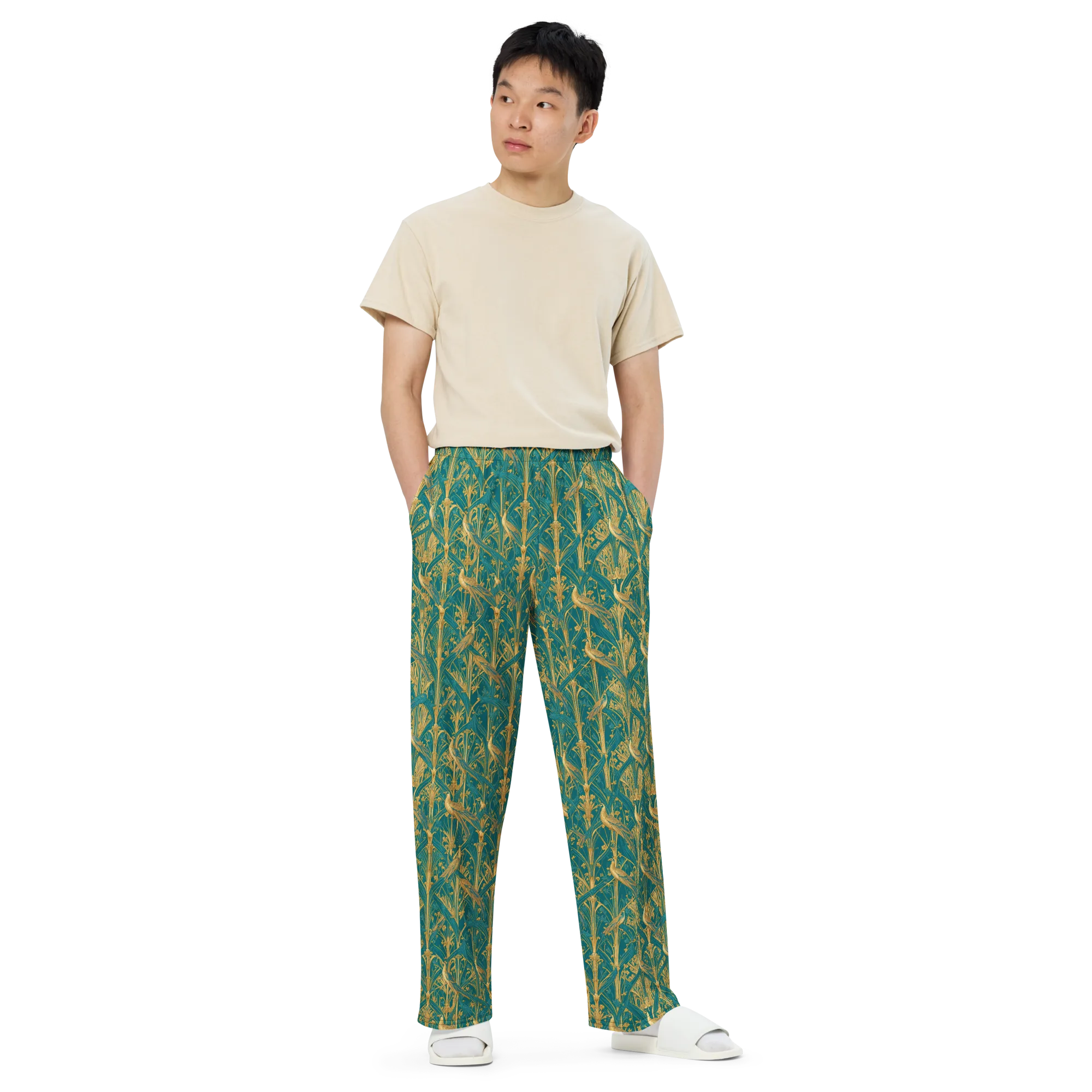 Peacock Arabesque on Wide-Leg Pants — Front