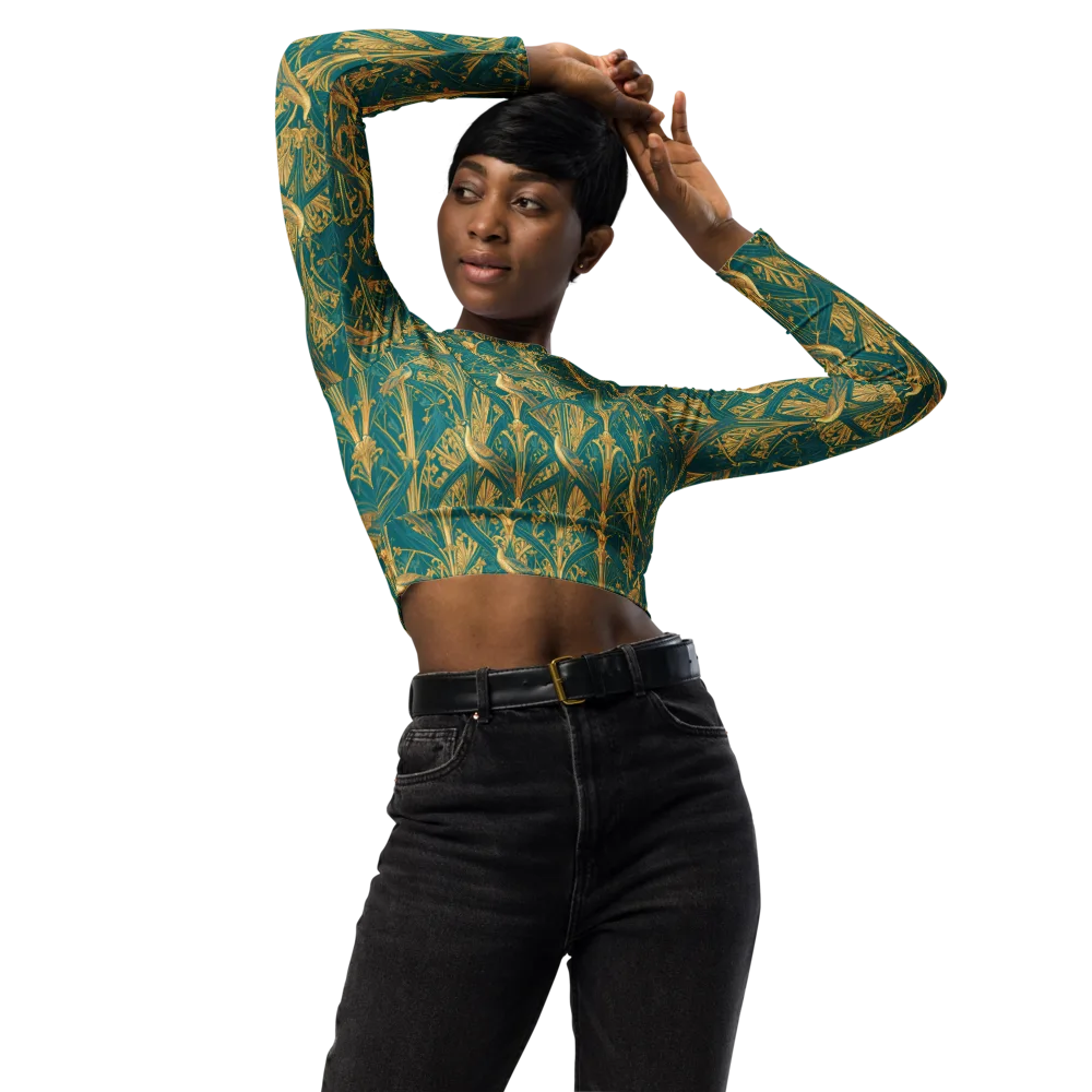 Peacock Arabesque on Long Sleeve Crop Top — Front