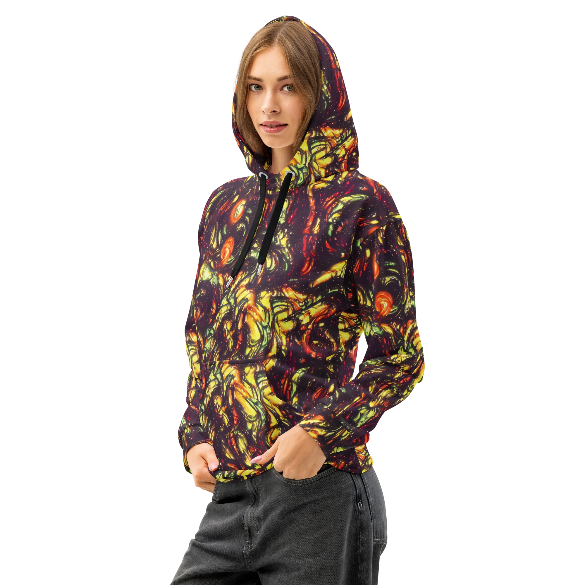 Cosmic Wildfire on Cotton Hoodie — Left Front