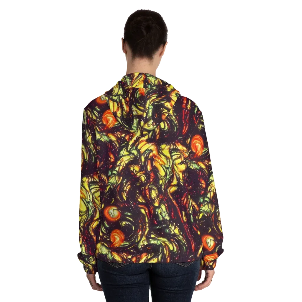 Cosmic Wildfire on Women's Full-Zip Hoodie — Back On Person