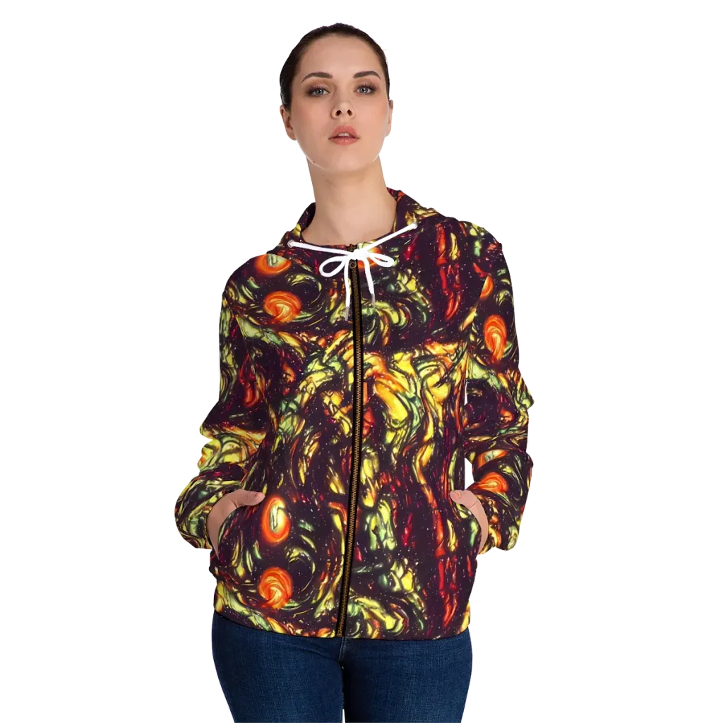 Cosmic Wildfire on Women's Full-Zip Hoodie — Front On Person
