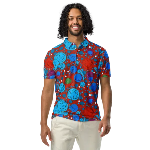 Scarlet Orbit on a Men's Slim Fit Polo Shirt