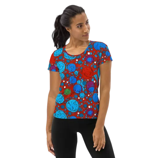 Scarlet Orbit on a Women's Athletic T-Shirt