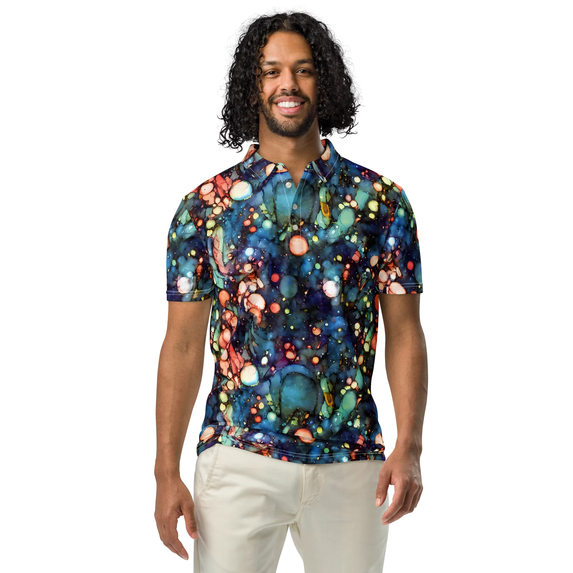 Blue Nebula Bloom on Men's Slim Fit Polo Shirt — Front