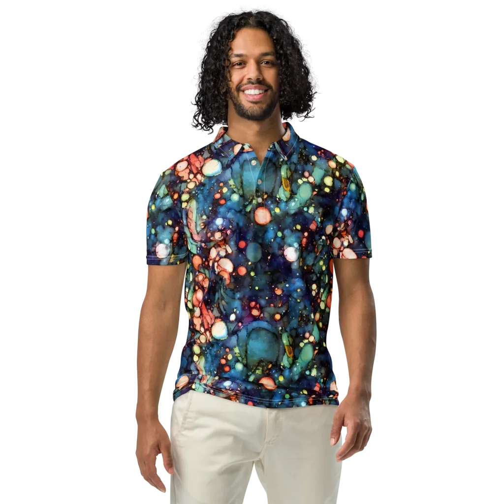 Blue Nebula Bloom on Men's Slim Fit Polo Shirt — Front