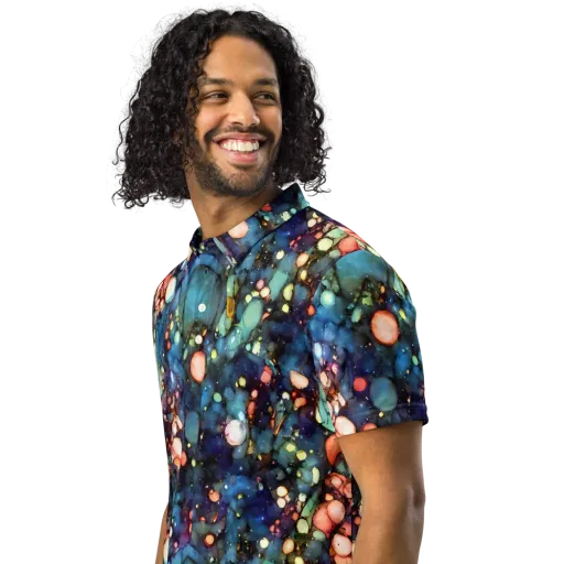 Blue Nebula Bloom on a Men's Slim Fit Polo Shirt