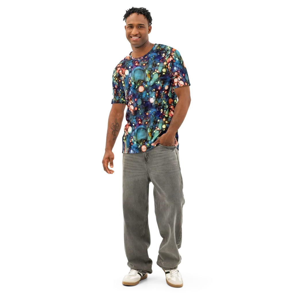 Blue Nebula Bloom on Men's Cotton Crew Neck T-Shirt — Front