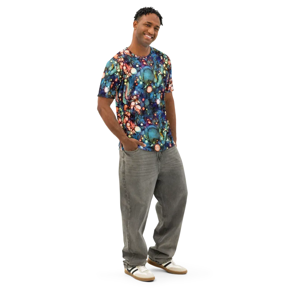 Blue Nebula Bloom on Men's Cotton Crew Neck T-Shirt — Right Front