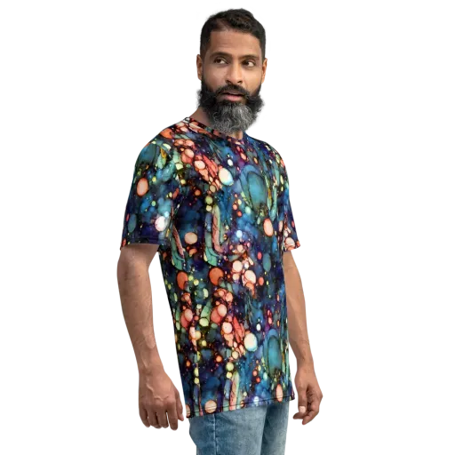Blue Nebula Bloom on a Men's Crew Neck T-Shirt