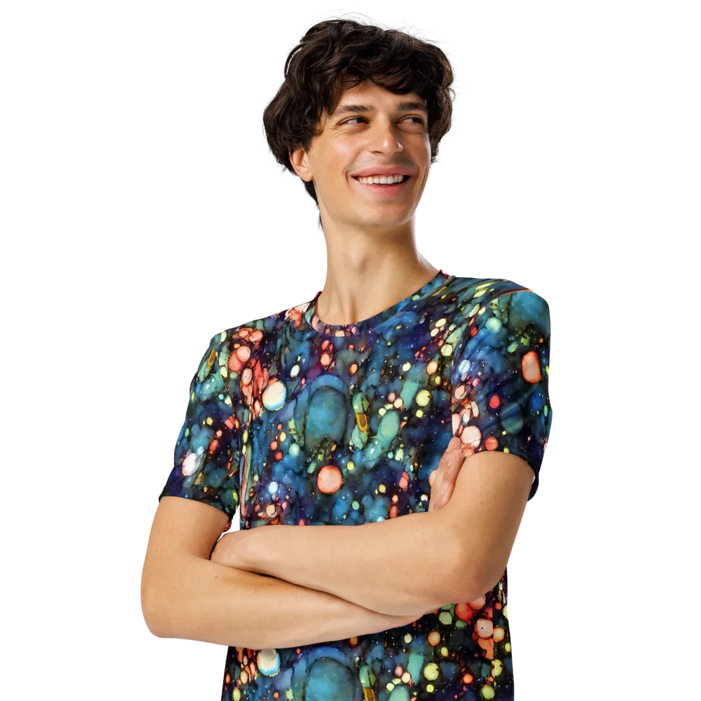 Blue Nebula Bloom on Men's Crew Neck T-Shirt — Left Front
