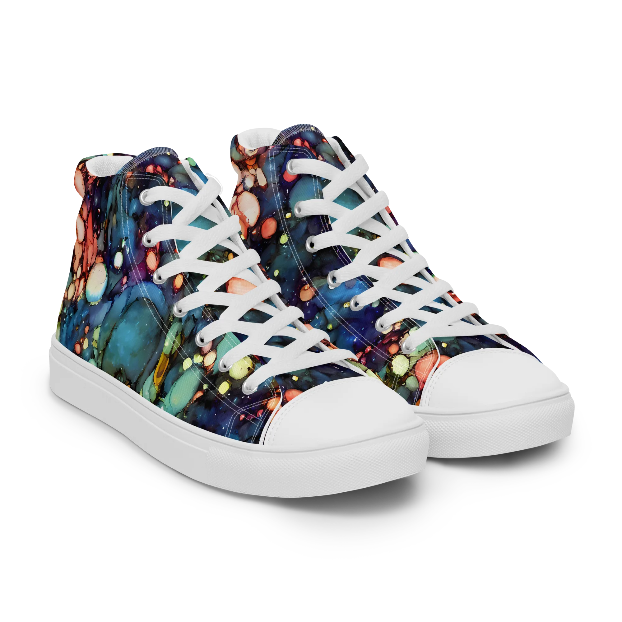 Blue Nebula Bloom on Men's High Top Canvas Shoes — Right Front