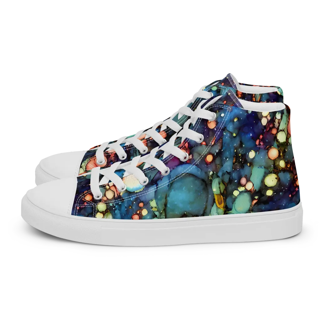 Blue Nebula Bloom on Men's High Top Canvas Shoes — Left