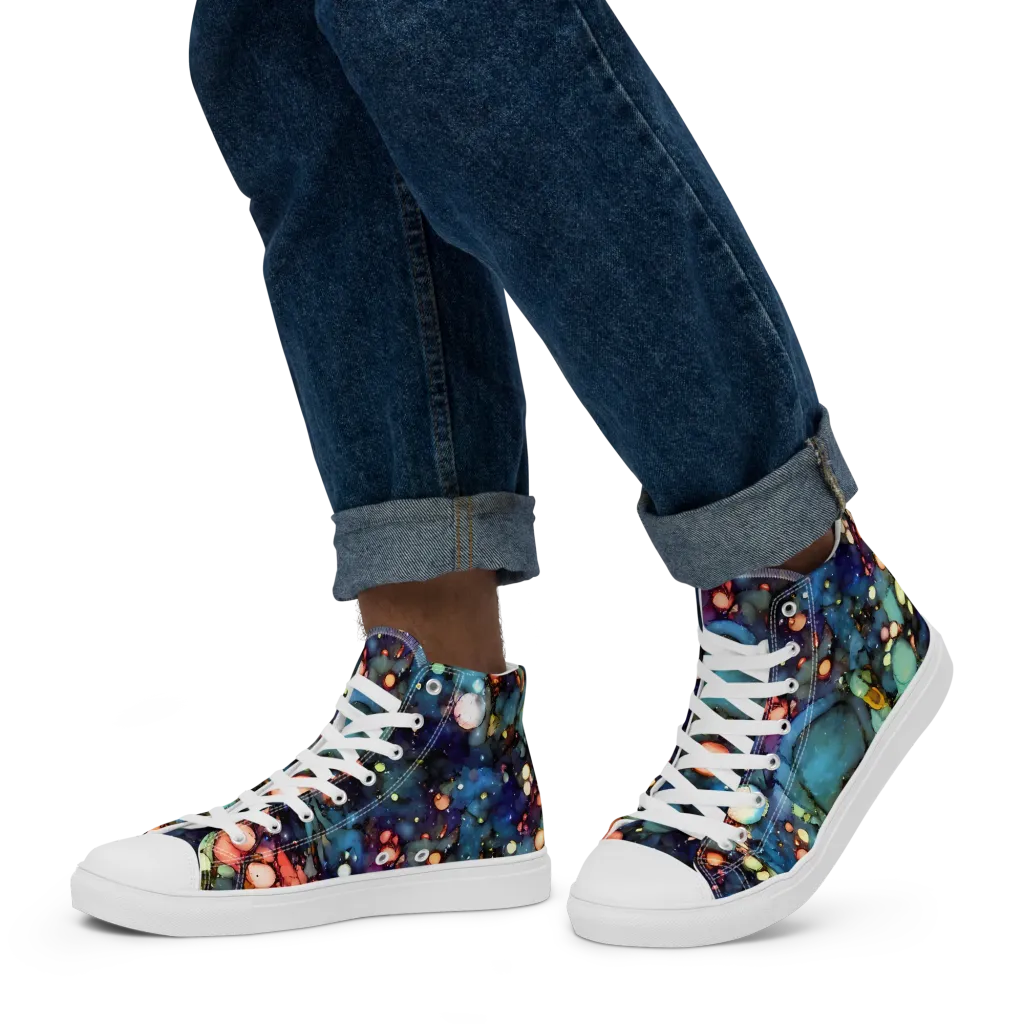 Blue Nebula Bloom on Men's High Top Canvas Shoes — Left