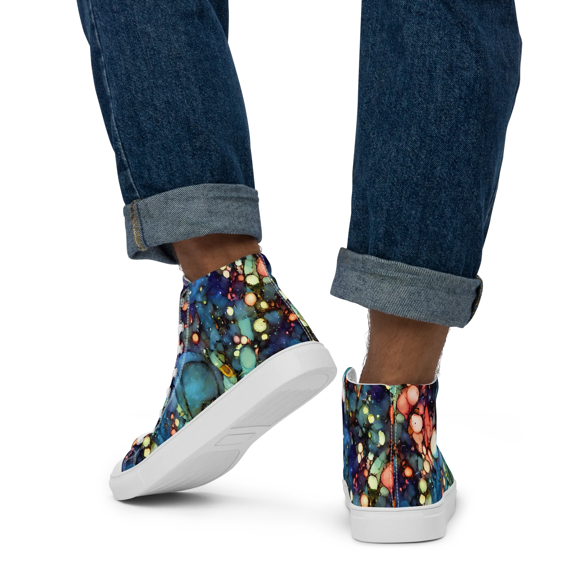 Blue Nebula Bloom on Men's High Top Canvas Shoes — Back