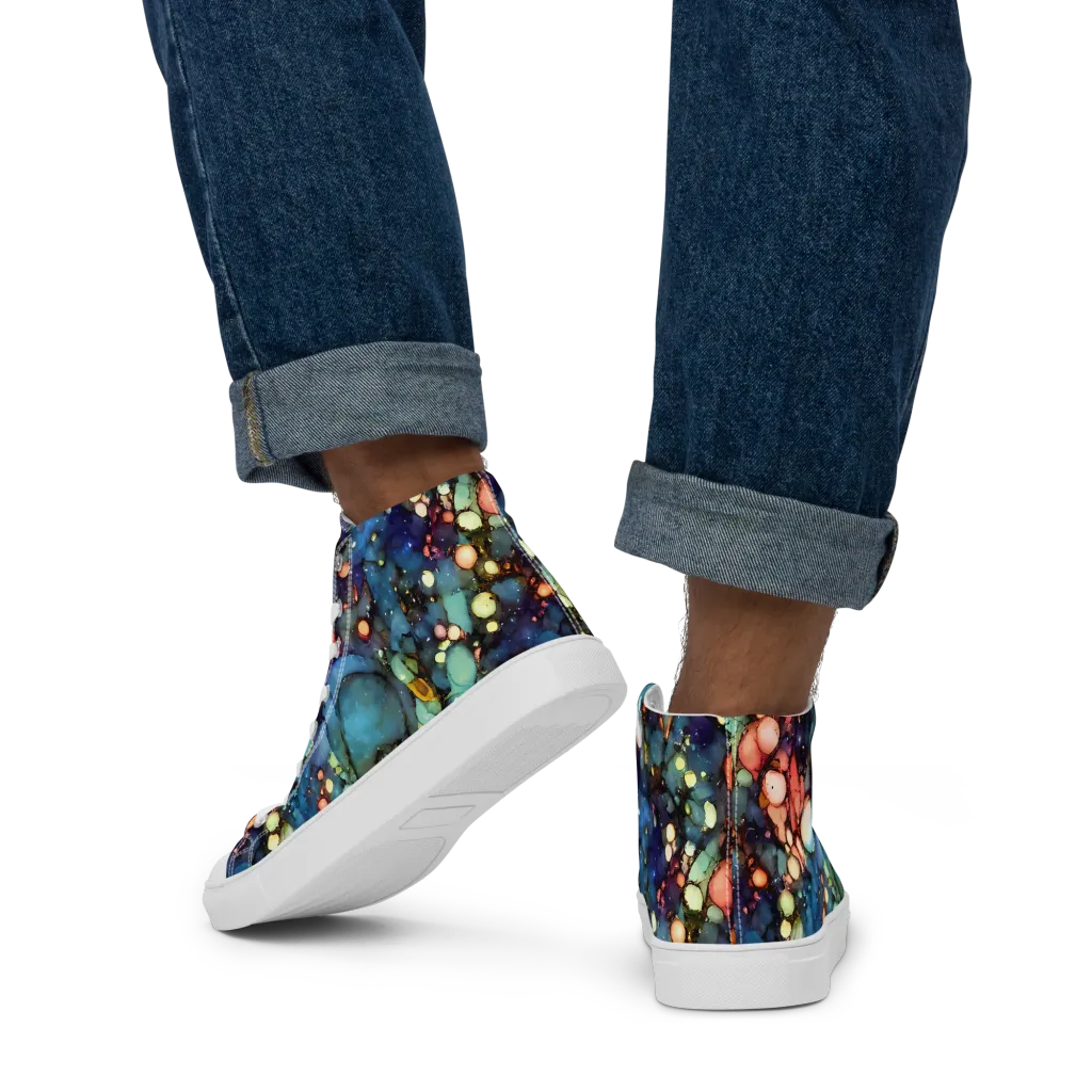 Blue Nebula Bloom on Men's High Top Canvas Shoes — Back