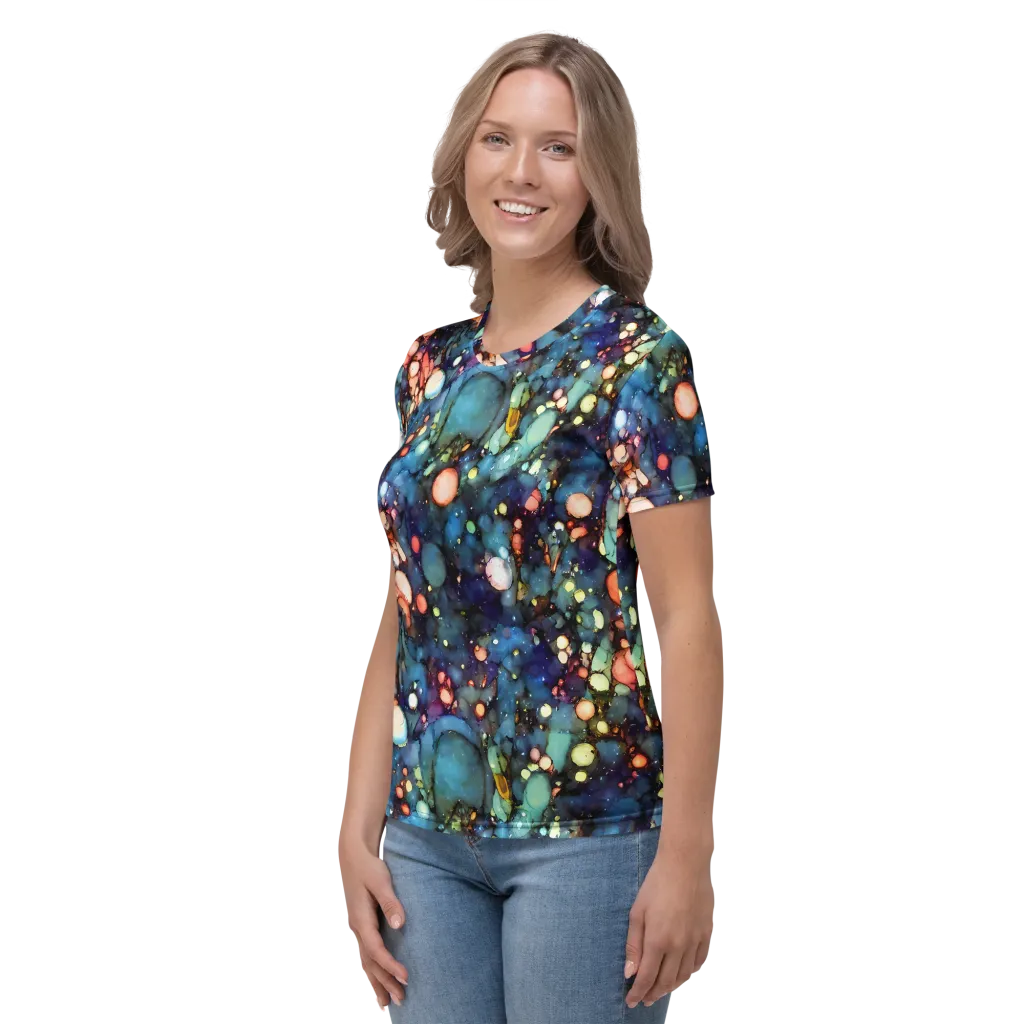 Blue Nebula Bloom on Women's Crew Neck T-Shirt — Left