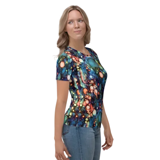 Blue Nebula Bloom on a Women's Crew Neck T-Shirt