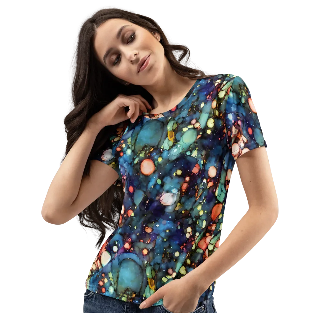 Blue Nebula Bloom on Women's Crew Neck T-Shirt — Left Front