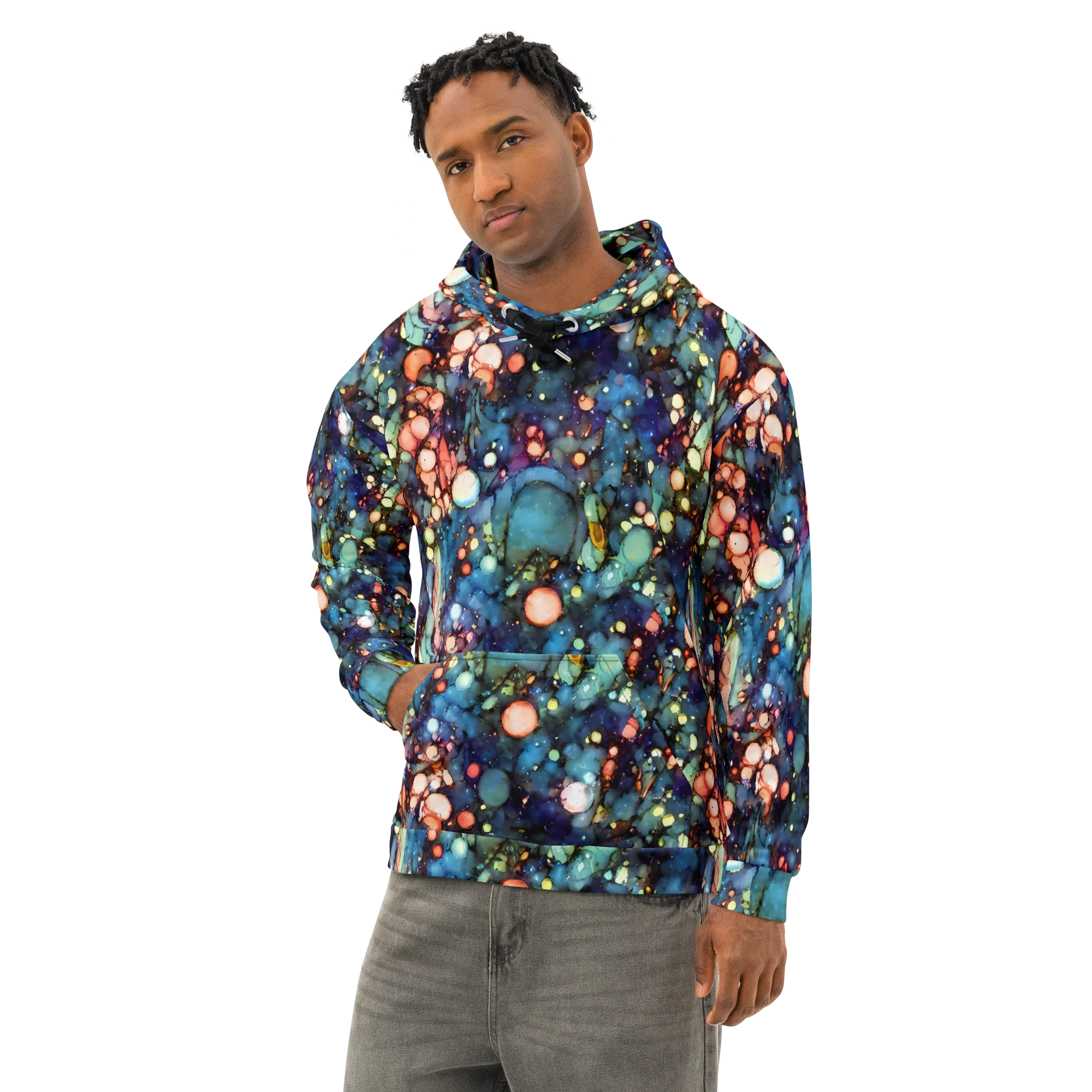 Blue Nebula Bloom on Cotton Hoodie — Left Front