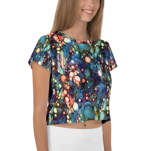 Blue Nebula Bloom on a Crop Tee