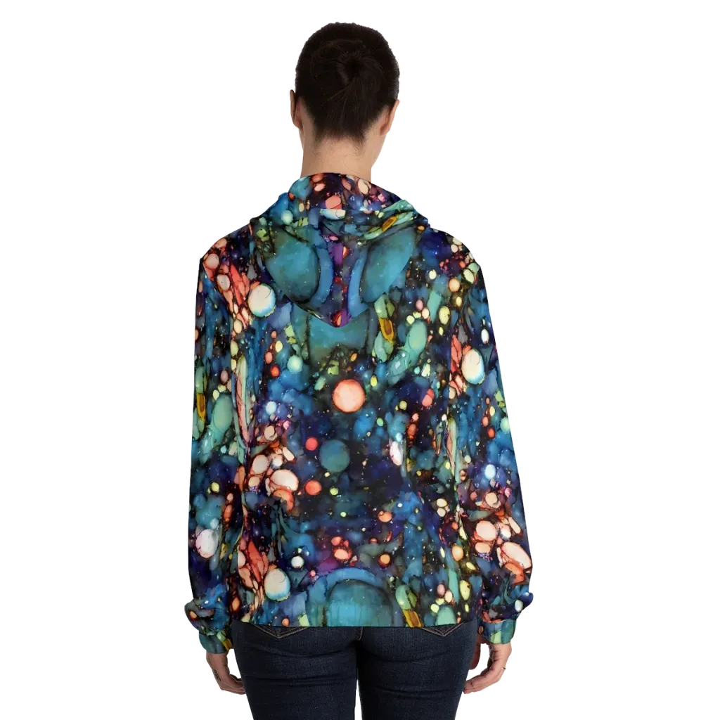 Blue Nebula Bloom on Women's Full-Zip Hoodie — Back On Person