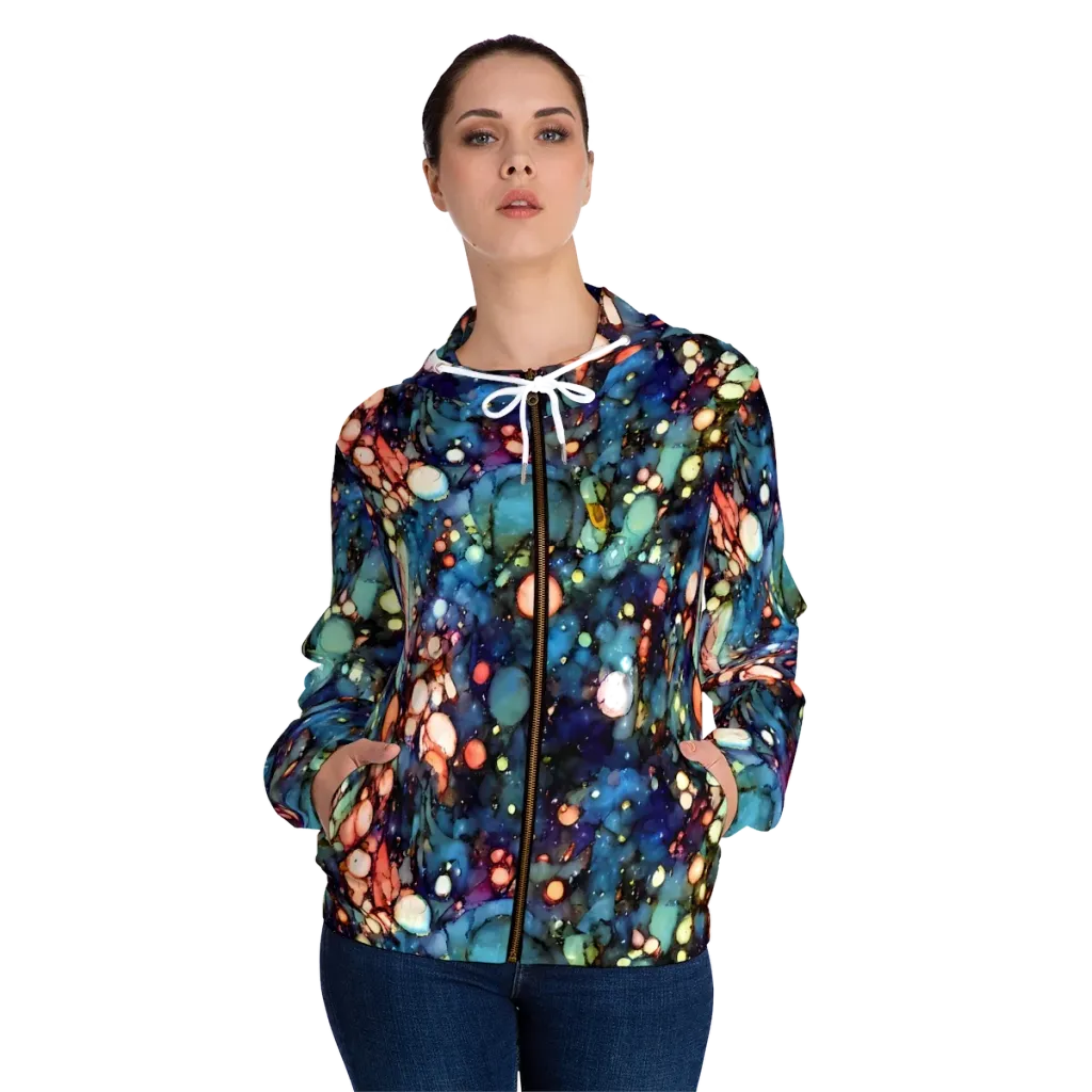 Blue Nebula Bloom on Women's Full-Zip Hoodie — Front On Person
