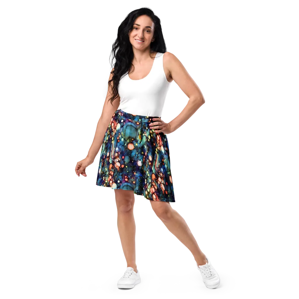 Blue Nebula Bloom on Skater Skirt — Front