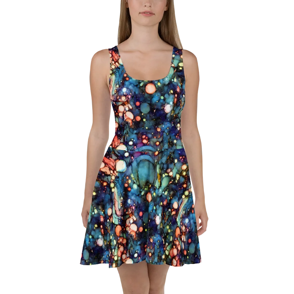 Blue Nebula Bloom on Skater Dress — Front