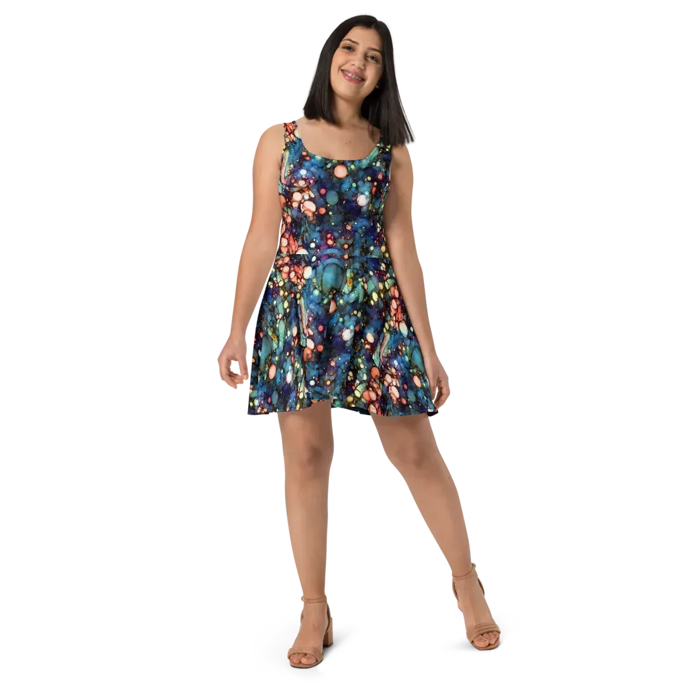 Blue Nebula Bloom on Skater Dress — Front