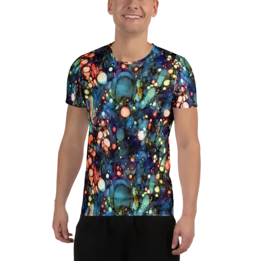 Blue Nebula Bloom on a Men's Athletic T-Shirt