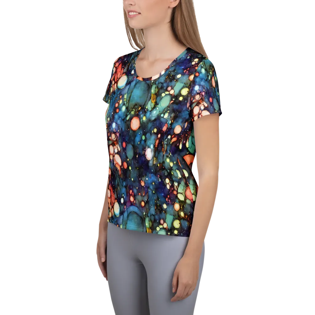 Blue Nebula Bloom on Women's Athletic T-Shirt — Left