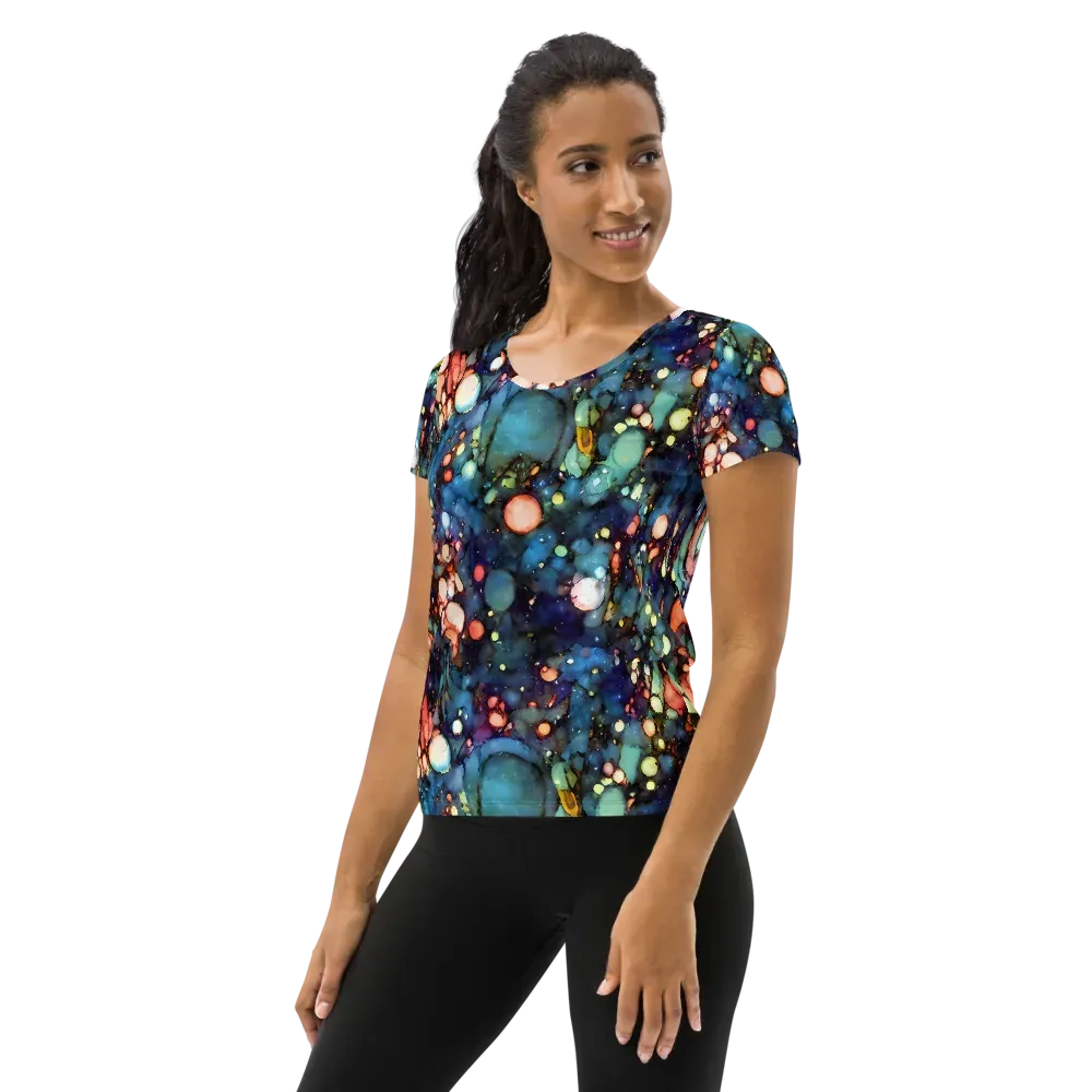 Blue Nebula Bloom on Women's Athletic T-Shirt — Left