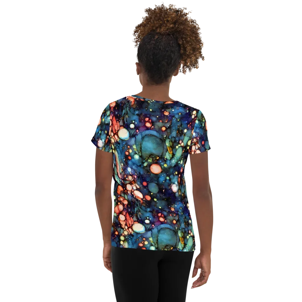Blue Nebula Bloom on Women's Athletic T-Shirt — Back