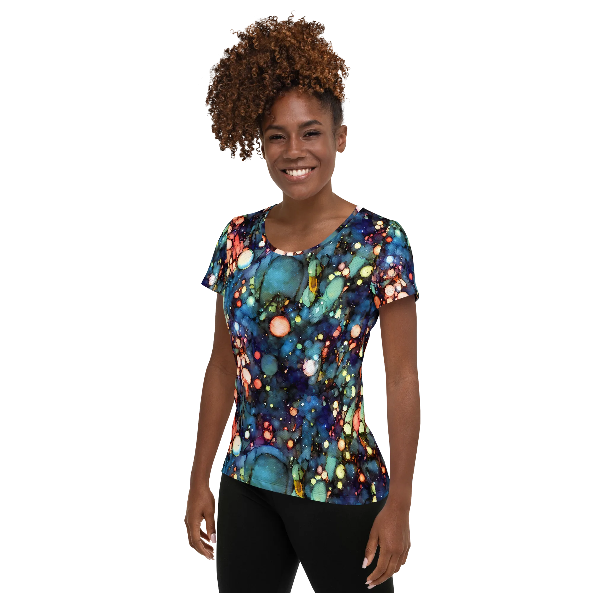 Blue Nebula Bloom on Women's Athletic T-Shirt — Left